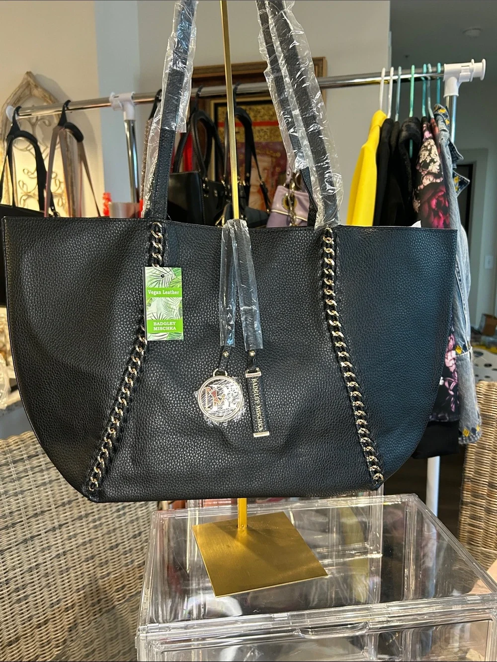 Badgley Mischka Vegan Leather Black Gold Chain Tote 18”x 4”x 10.75” NWT